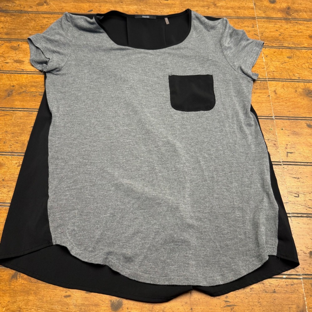 Tahari Women Gray Black Tunic Top Short Sleeve Pocket High Low Size‎ S